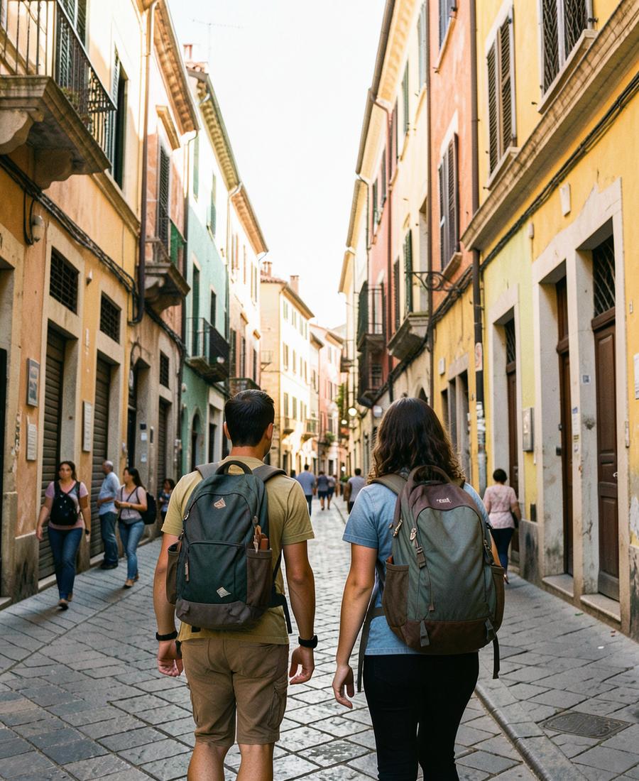 Travellers exploring a colourful old city street