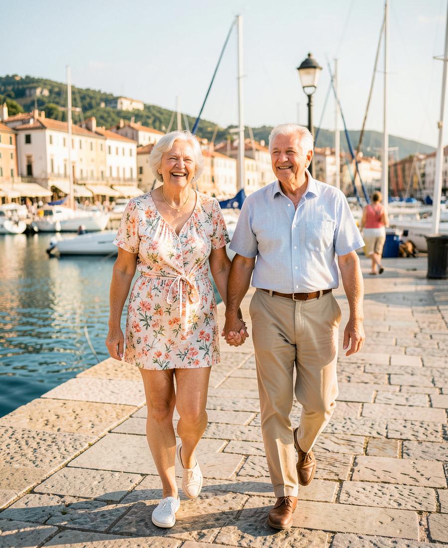 Couple walking along a sunny harbour promenade