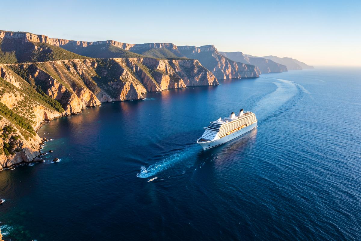 Cruise ship sailing past a sunlit coastline