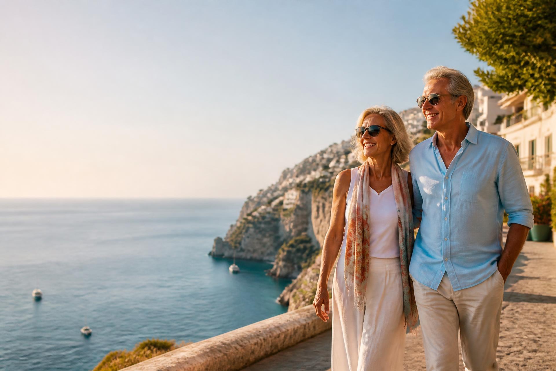 Traveller looking out over a Mediterranean coastal town at sunset